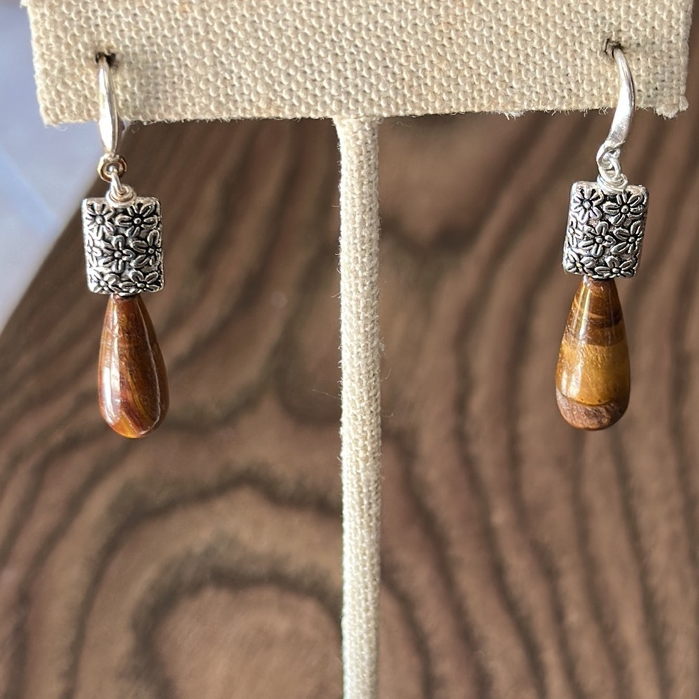 Pierced earrings sterling silver wires genuine tiger eye teardrop shaped 2”